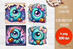 Halloween coaster, neon cute monster square coaster Product Image 1