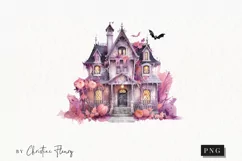 Pastel Pink Watercolor Spooky House Clipart | Watercolor PNG Product Image 1