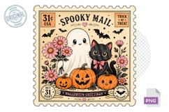 Spooky Mail Ghost Cat Pumpkin Halloween Stamp PNG Design Product Image 1