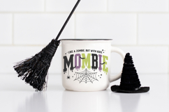 Spooky mom shirt graphic with bold dripping varsity lettering and Halloween web details suitable for Cricut, Silhouette, stickers, and apparel designs.