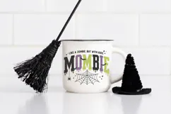 Spooky mom shirt graphic with bold dripping varsity lettering and Halloween web details suitable for Cricut, Silhouette, stickers, and apparel designs.