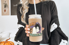 Cute spooky ghost standing in front of an ornate gothic mirror with bats and distressed retro typography reading "Am I The Problem?" for Halloween apparel and crafts.