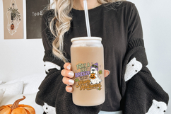 Halloween PNG artwork with fall colors, ghost character, floating leaves, stars, pumpkin details, and humorous Halloween wording.