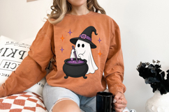 Adorable Halloween ghost illustration wearing a witch hat and brewing a magical potion. High-resolution PNG design for sublimation and craft projects.