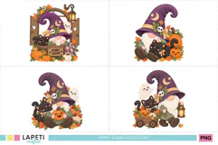 Coordinated Halloween illustrations featuring warm autumn colors, cute pumpkins and friendly spooky details for children's celebrations.