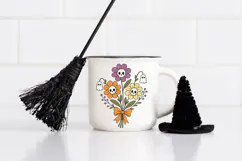 Spooky cute bouquet illustration with orange and purple flowers, little ghost flowers, distressed texture, and whimsical Halloween cottagecore aesthetic.