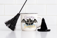Digital sublimation artwork combining Halloween and summer aesthetics with a skeleton in a bat-wing floatie, oversized hat, soft blue water, and brush-style typography.