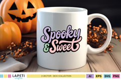 Halloween lettering SVG “Spooky &amp; Sweet” in pastel colors on coffee mug, cute spooky style.