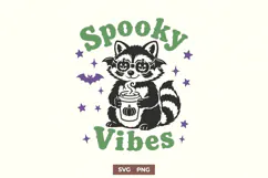 Spooky Vibes SVG PNG, Cute Halloween Raccoon Fall Design Product Image 1