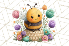 Spring Bee Clipart, Cute Bumblebee PNG, Watercolor Flowers Product Image 4