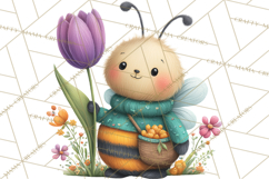 Spring Bee Clipart, Cute Bumblebee PNG, Watercolor Flowers Product Image 2