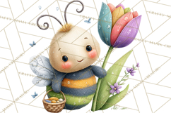 Spring Bee Clipart, Cute Bumblebee PNG, Watercolor Flowers Product Image 3