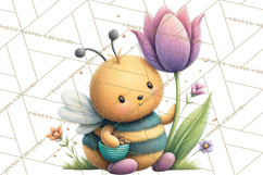 Spring Bee Clipart, Cute Bumblebee PNG, Watercolor Flowers Product Image 4