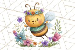 Spring Bee Clipart, Cute Bumblebee PNG, Watercolor Flowers Product Image 2