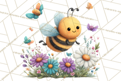 Spring Bee Clipart, Cute Bumblebee PNG, Watercolor Flowers Product Image 5