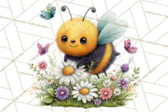 Spring Bee Clipart, Cute Bumblebee PNG, Watercolor Flowers Product Image 2