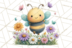 Spring Bee Clipart, Cute Bumblebee PNG, Watercolor Flowers Product Image 3