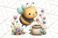 Spring Bee Clipart, Cute Bumblebee PNG, Watercolor Flowers Product Image 4