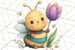 Spring Bee Clipart, Cute Bumblebee PNG, Watercolor Flowers Product Image 4