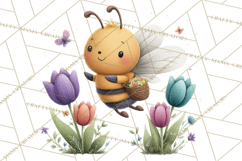Spring Bee Clipart, Cute Bumblebee PNG, Watercolor Flowers Product Image 2