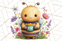 Spring Bee Clipart, Cute Bumblebee PNG, Watercolor Flowers Product Image 4