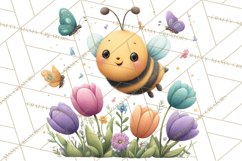 Spring Bee Clipart, Cute Bumblebee PNG, Watercolor Flowers Product Image 5