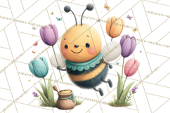 Spring Bee Clipart, Cute Bumblebee PNG, Watercolor Flowers Product Image 2