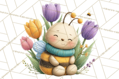 Spring Bee Clipart, Cute Bumblebee PNG, Watercolor Flowers Product Image 3