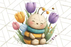 Spring Bee Clipart, Cute Bumblebee PNG, Watercolor Flowers Product Image 3