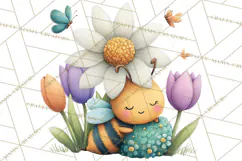 Spring Bee Clipart, Cute Bumblebee PNG, Watercolor Flowers Product Image 5