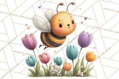 Spring Bee Clipart, Cute Bumblebee PNG, Watercolor Flowers Product Image 5