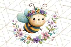 Spring Bee Clipart, Cute Bumblebee PNG, Watercolor Flowers Product Image 3