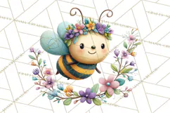 Spring Bee Clipart, Cute Bumblebee PNG, Watercolor Flowers Product Image 3