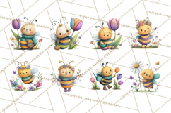 Spring Bee Clipart, Cute Bumblebee PNG, Watercolor Flowers Product Image 2