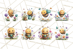 Spring Bee Clipart, Cute Bumblebee PNG, Watercolor Flowers Product Image 6