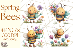 Spring Bee Clipart, Cute Bumblebee PNG, Watercolor Flowers Product Image 1