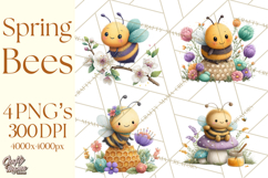 Spring Bee Clipart, Cute Bumblebee PNG, Watercolor Flowers Product Image 1
