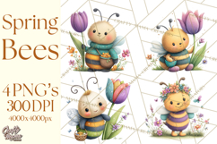 Spring Bee Clipart, Cute Bumblebee PNG, Watercolor Flowers Product Image 1