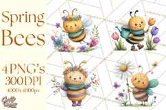 Spring Bee Clipart, Cute Bumblebee PNG, Watercolor Flowers Product Image 1
