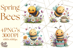 Spring Bee Clipart, Cute Bumblebee PNG, Watercolor Flowers Product Image 1