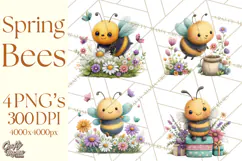 Spring Bee Clipart, Cute Bumblebee PNG, Watercolor Flowers Product Image 1