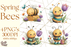Spring Bee Clipart, Cute Bumblebee PNG, Watercolor Flowers Product Image 1