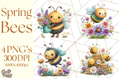 Spring Bee Clipart, Cute Bumblebee PNG, Watercolor Flowers Product Image 1