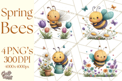 Spring Bee Clipart, Cute Bumblebee PNG, Watercolor Flowers Product Image 1