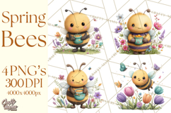 Spring Bee Clipart, Cute Bumblebee PNG, Watercolor Flowers Product Image 1