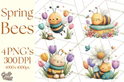 Spring Bee Clipart, Cute Bumblebee PNG, Watercolor Flowers Product Image 1