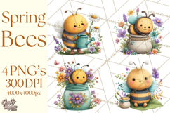 Spring Bee Clipart, Cute Bumblebee PNG, Watercolor Flowers Product Image 1