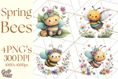 Spring Bee Clipart, Cute Bumblebee PNG, Watercolor Flowers Product Image 1