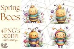 Spring Bee Clipart, Cute Bumblebee PNG, Watercolor Flowers Product Image 1