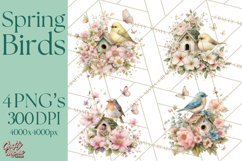 Easter Birds Clipart, Watercolor Birdhouse Illustrations Png Product Image 1